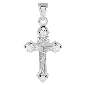 14k White Gold INRI Fleur-de-Lis Crucifix Cross Pendant (27.5mm x 13.5mm)