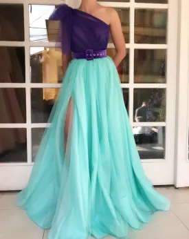 2020 one shoulder prom dresses long two tones elegant simple prom gown vestido de longo 2021