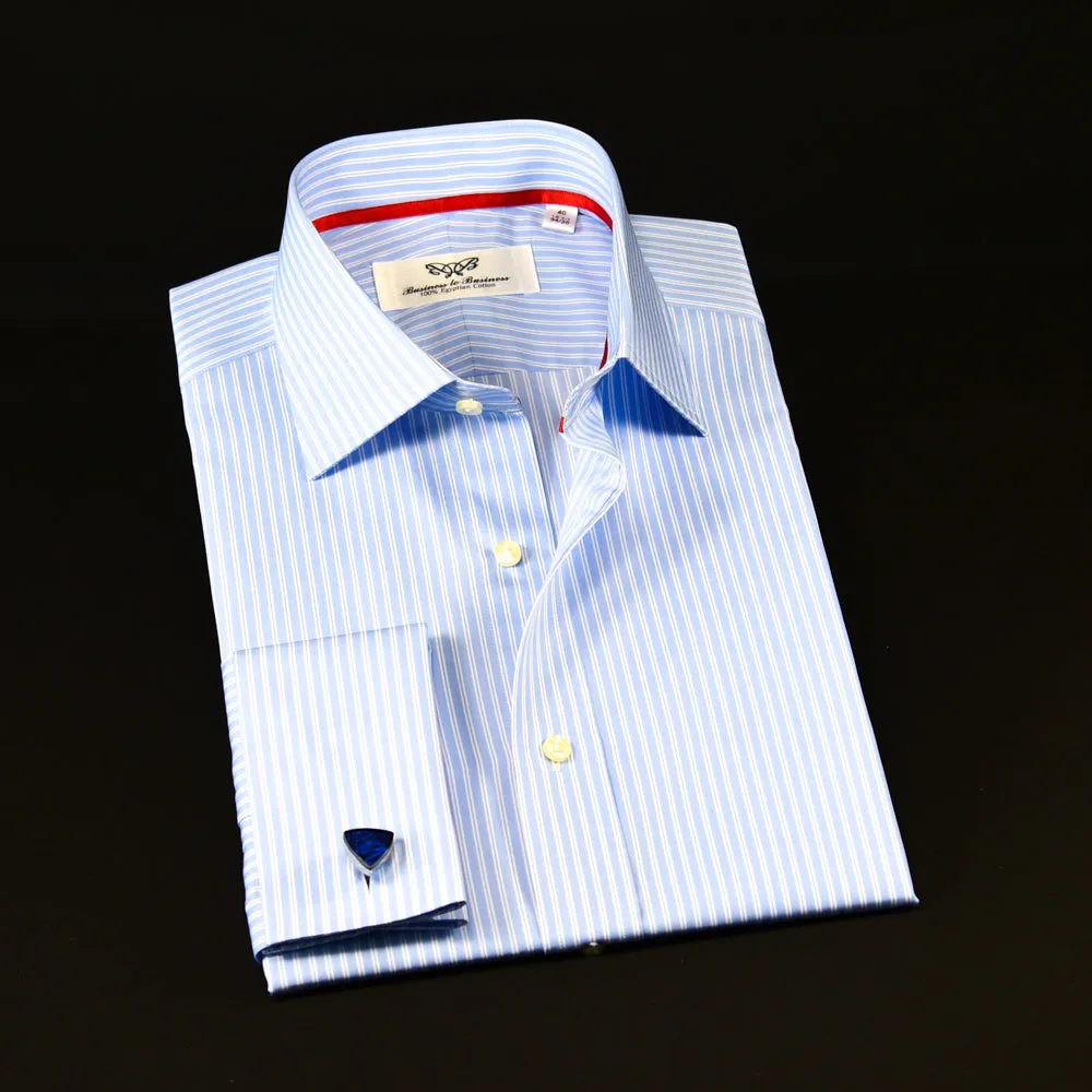 A  Blue Striped Dress Shirt Formal With Red Trim Design