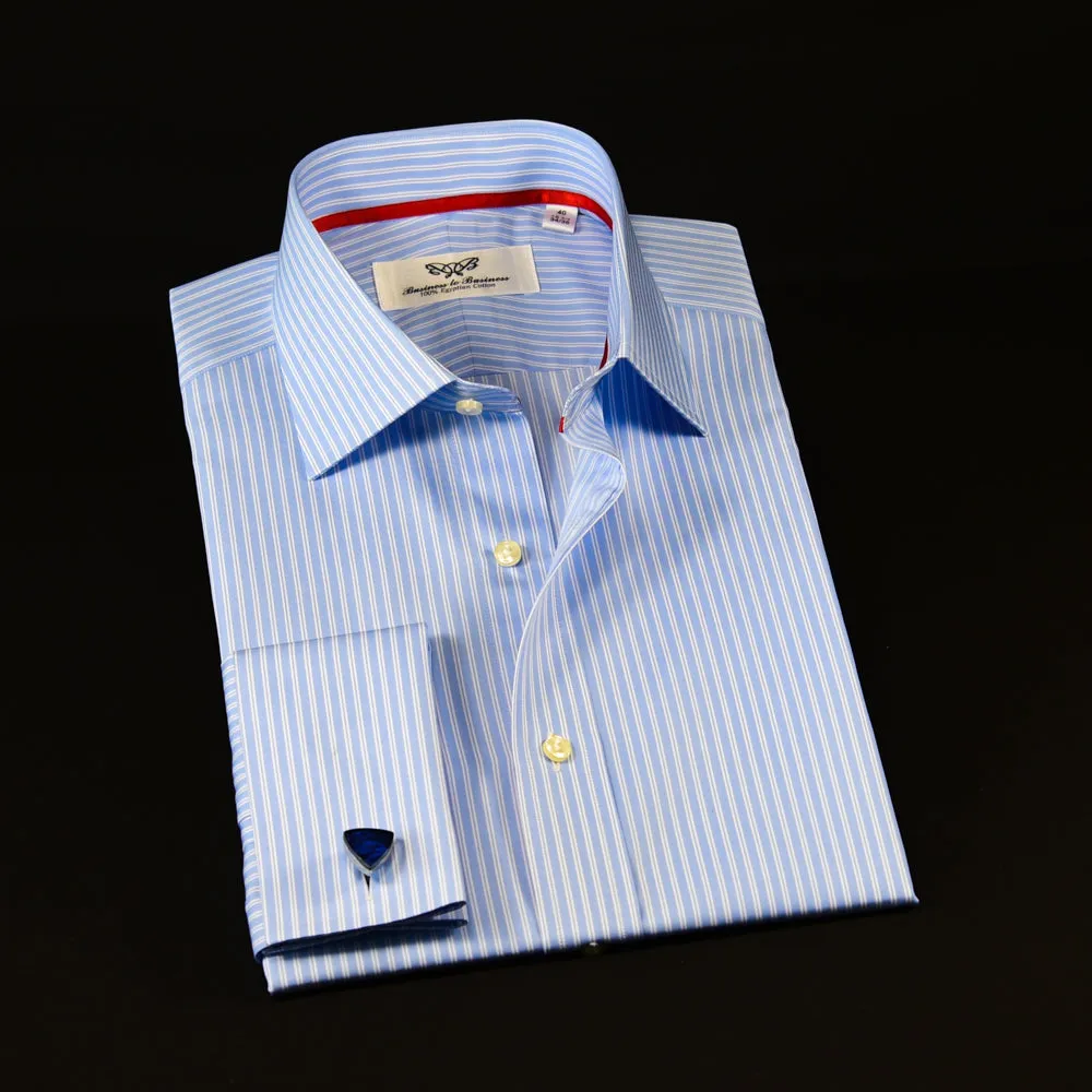 A  Blue Striped Dress Shirt Formal With Red Trim Design