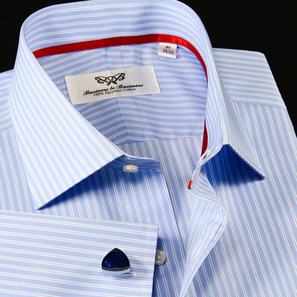 A  Blue Striped Dress Shirt Formal With Red Trim Design