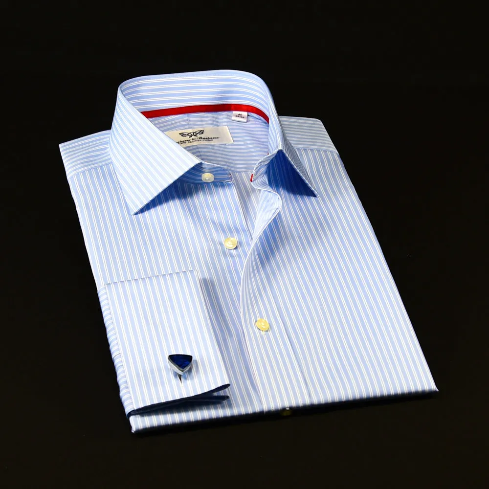 A  Blue Striped Dress Shirt Formal With Red Trim Design