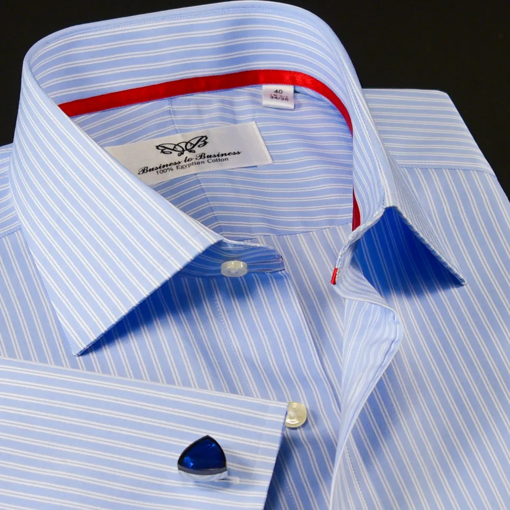 A  Blue Striped Dress Shirt Formal With Red Trim Design