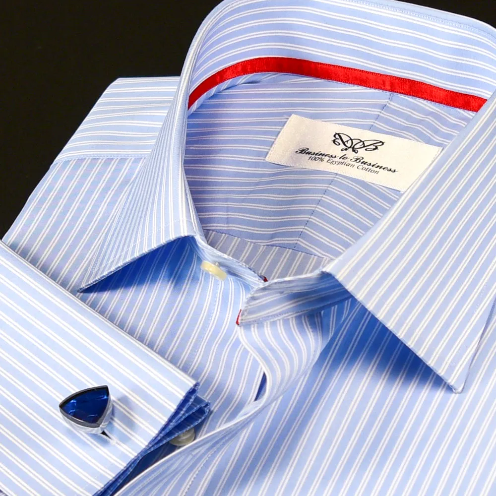 A  Blue Striped Dress Shirt Formal With Red Trim Design