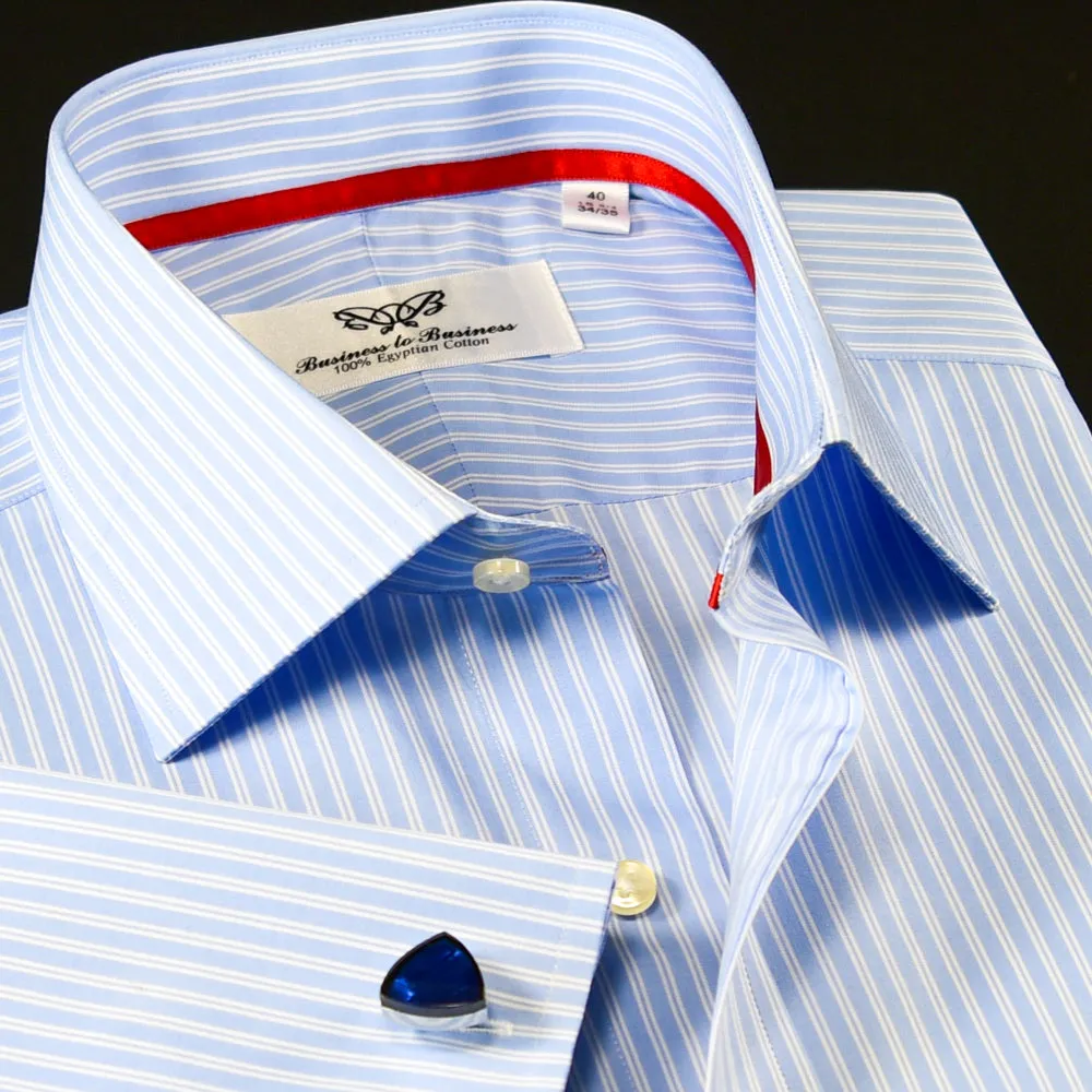 A  Blue Striped Dress Shirt Formal With Red Trim Design