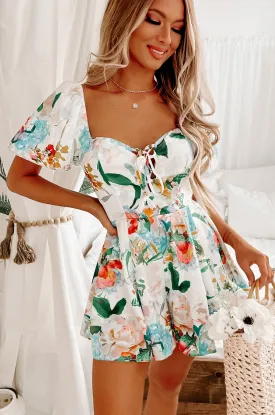 Adoring Looks Floral Printed Lace-Up Romper (White/Green Multi)