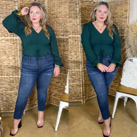 Authentic Aura Ruched Front Peplum Crop Top with Long Sleeves in Forest Green