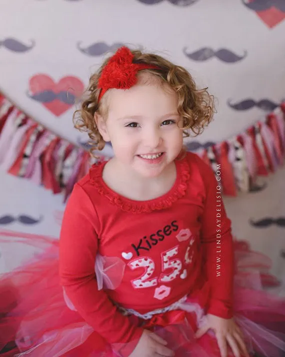 Baby Girl Valentines Outfit – Kisses 25 Cents – with Lip Leg Warmers, and Tulle and Pearl Headband in Sizes 3 Months to XL14