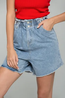 Blue Denim Jean Garterized High Waist Frayed Hem Casual Shorts