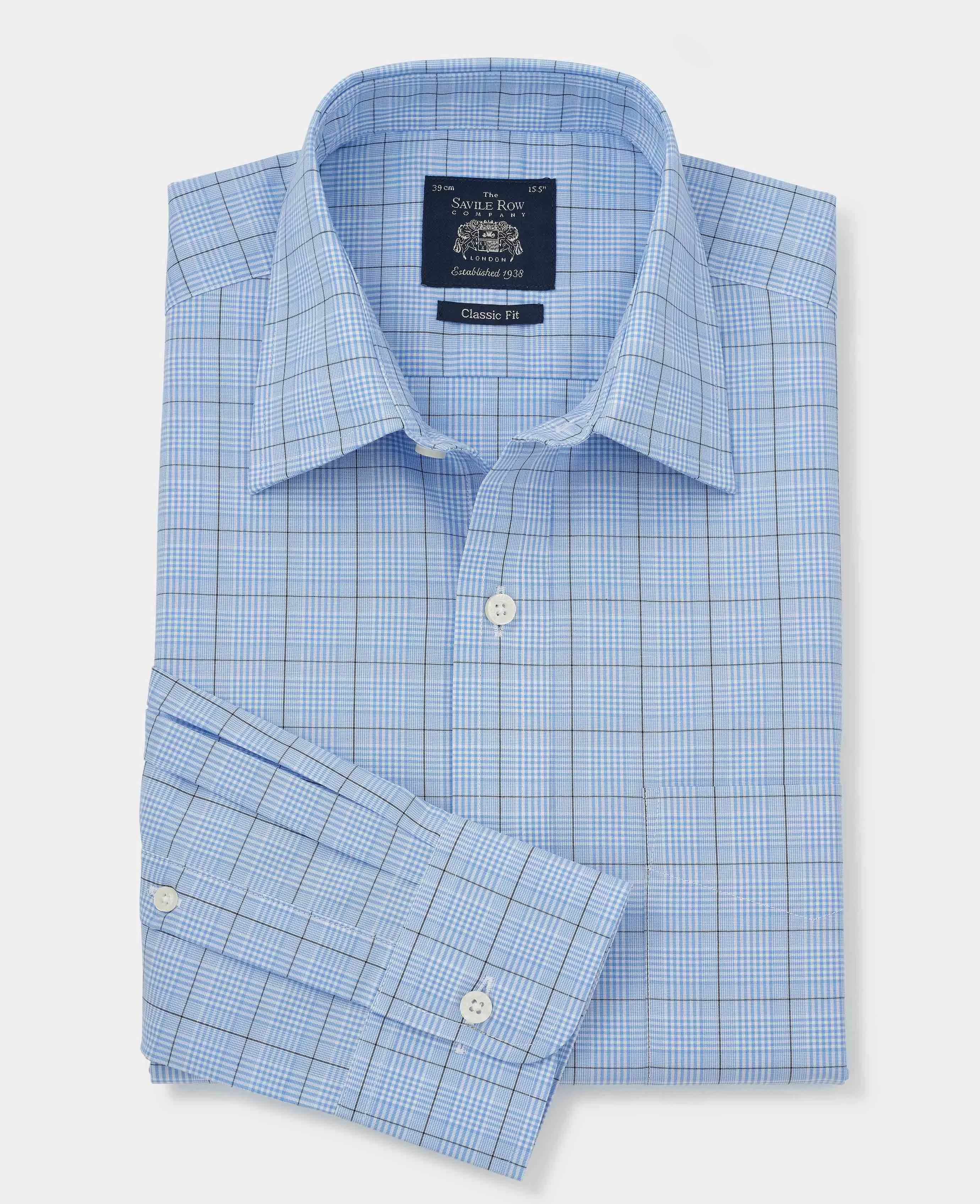 Blue Navy Prince Of Wales Check Classic Fit Formal Shirt - Single Cuff