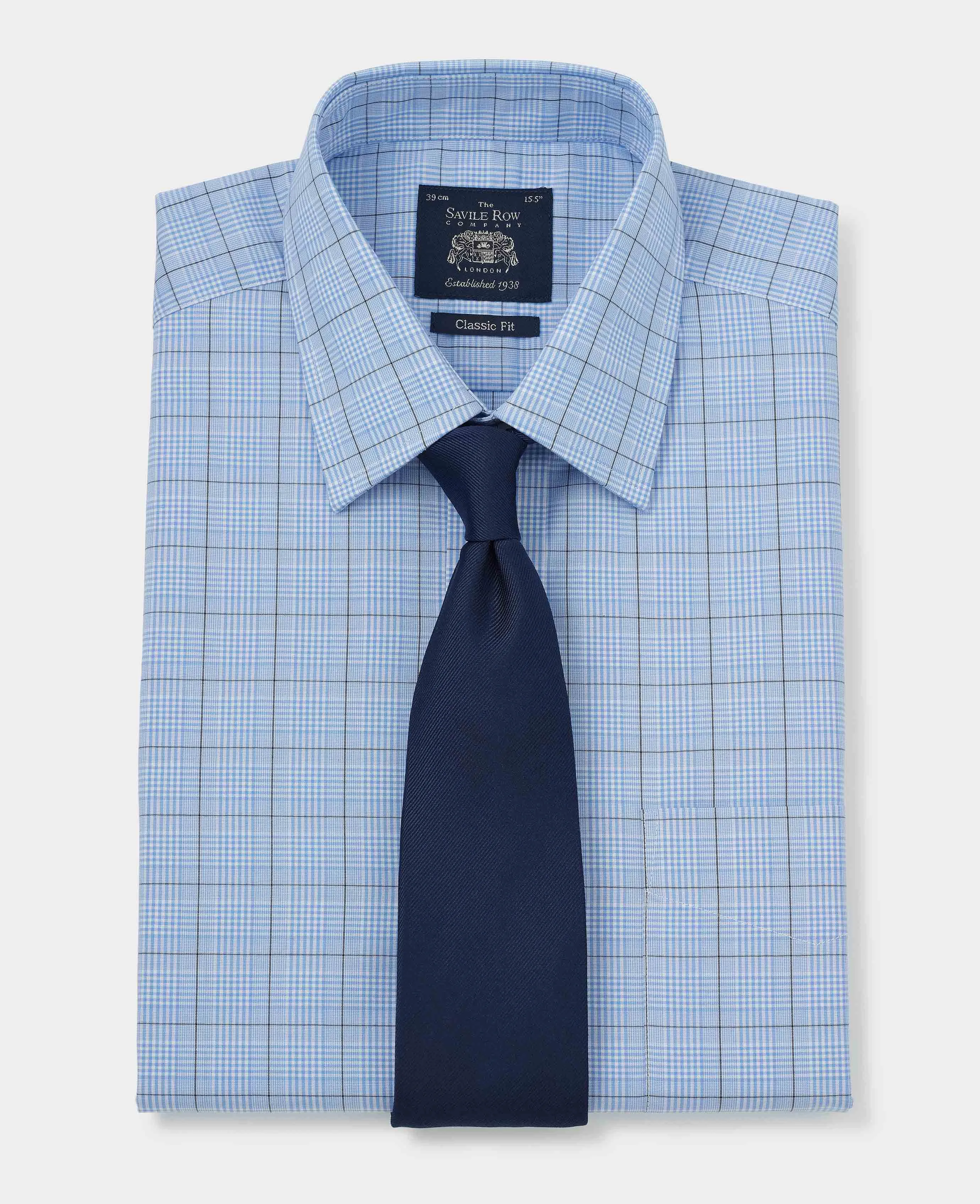 Blue Navy Prince Of Wales Check Classic Fit Formal Shirt - Single Cuff