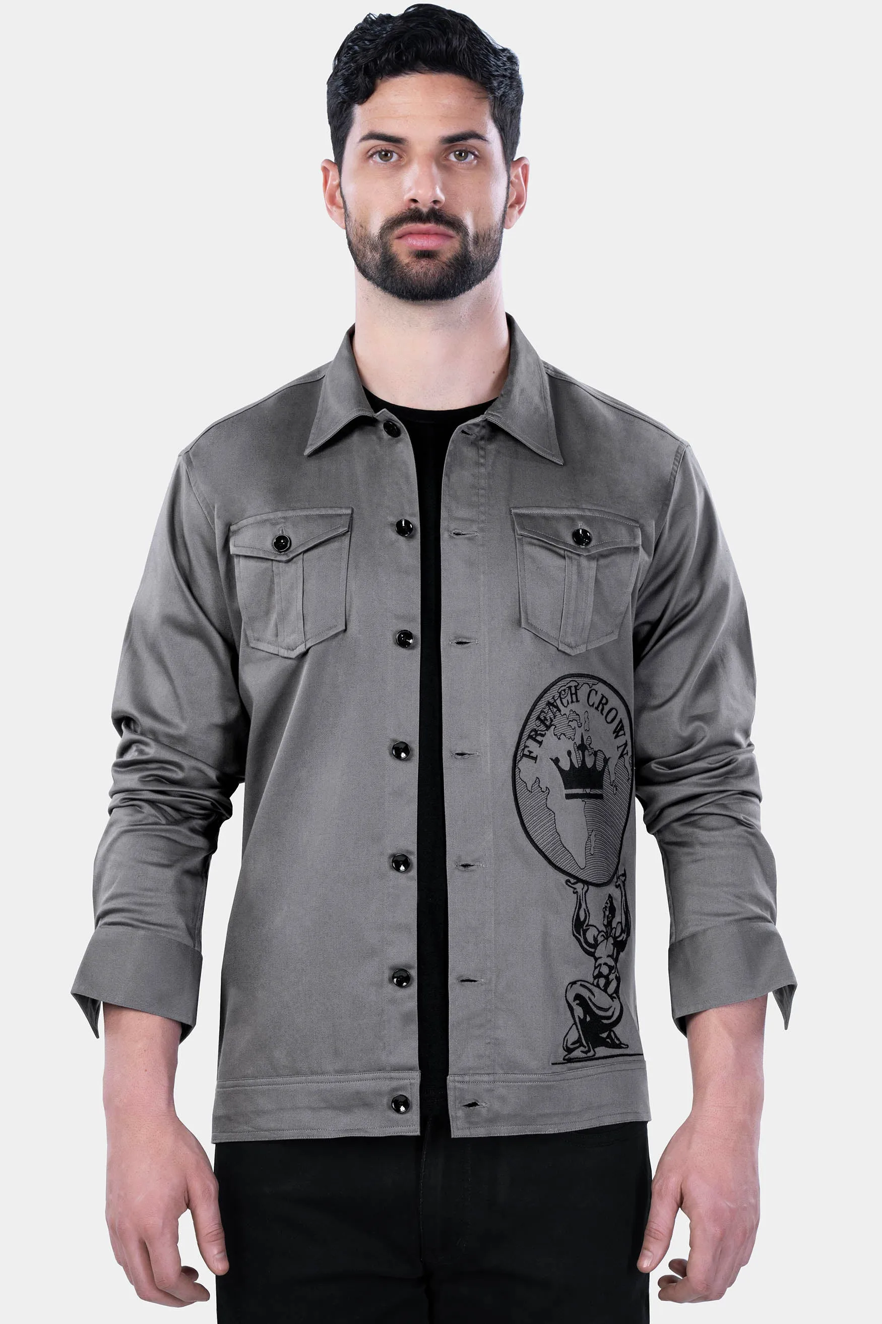 BOULDER GRAY CROWN EMBROIDERED PREMIUM COTTON DESIGNER OVERSHIRT