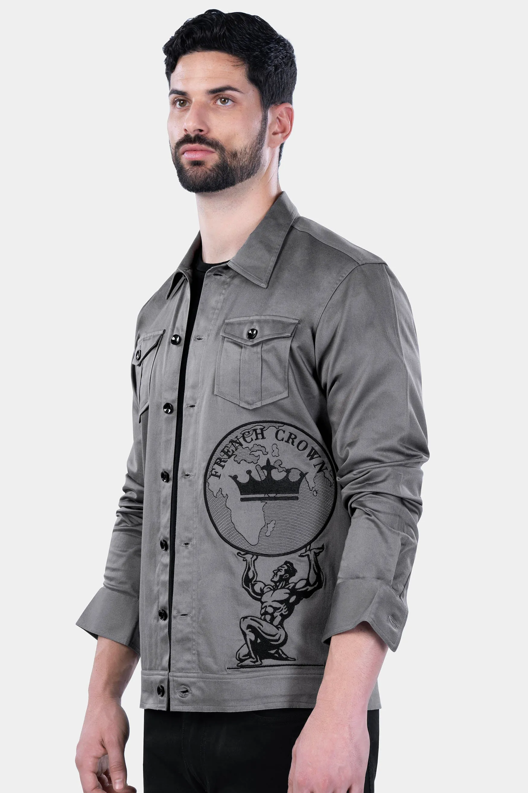 BOULDER GRAY CROWN EMBROIDERED PREMIUM COTTON DESIGNER OVERSHIRT