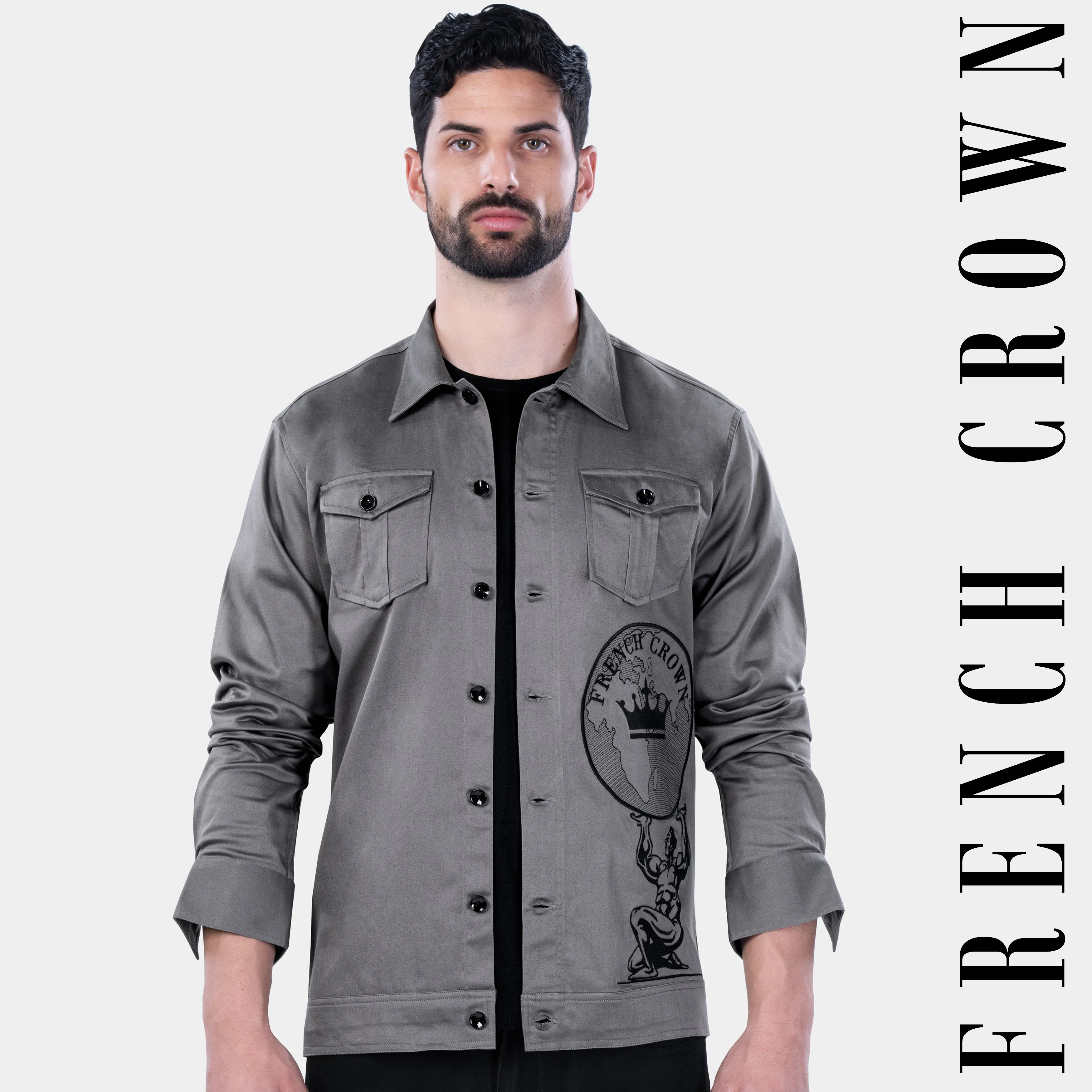 BOULDER GRAY CROWN EMBROIDERED PREMIUM COTTON DESIGNER OVERSHIRT