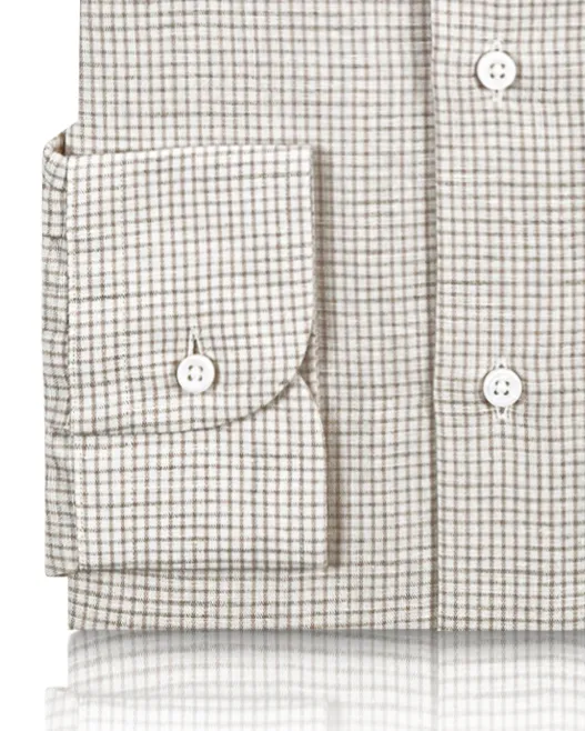 Cotton Linen: Fade Brown Graph Checks On White Shirt