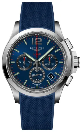 Longines Conquest V.H.P. Mens Chronograph Watch - Perpetual Calendar, Date Feature, Blue Dial, Blue Rubber Strap, Stainless Steel, Quartz Movement - Model L3.717.4.96.9