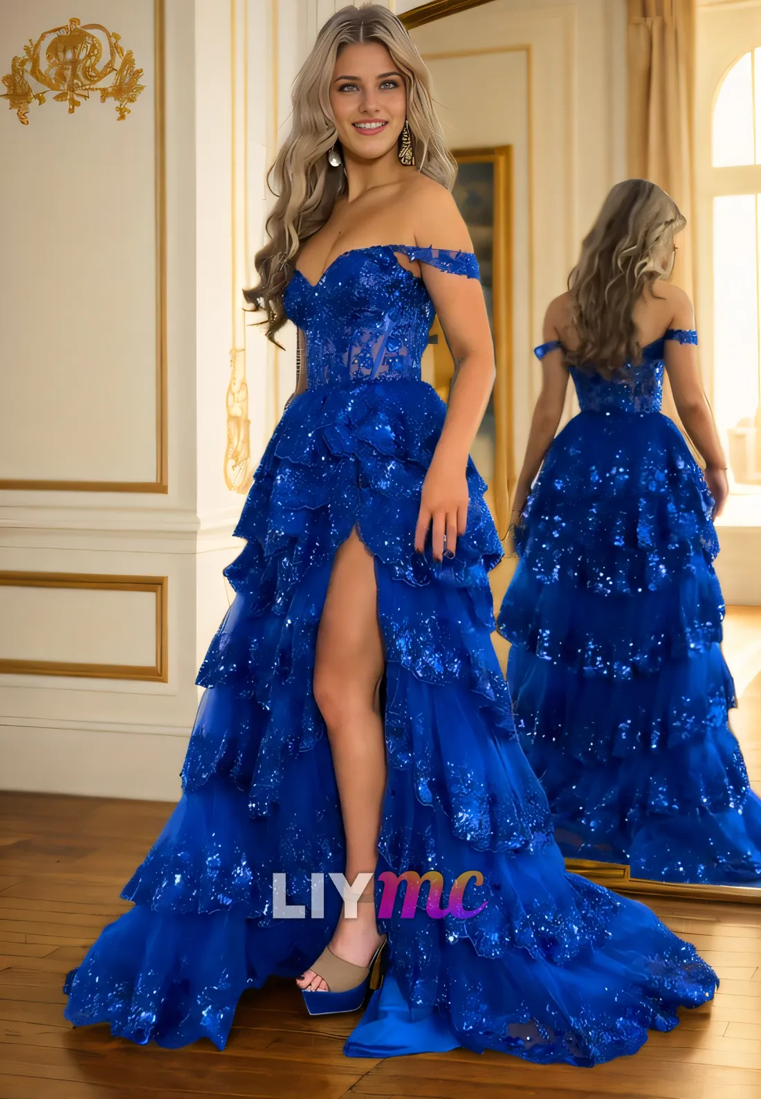 LP2293 - Off-Shoulder Strapless Appliques Tiered A-Line High Slit Prom Dress