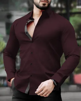 MEN PLAIN STRIPED COLLAR MAROON FULL HAND SHIRT