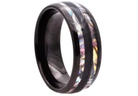 Mens 8mm Black Tungsten Band Ring With Abalone Stripes