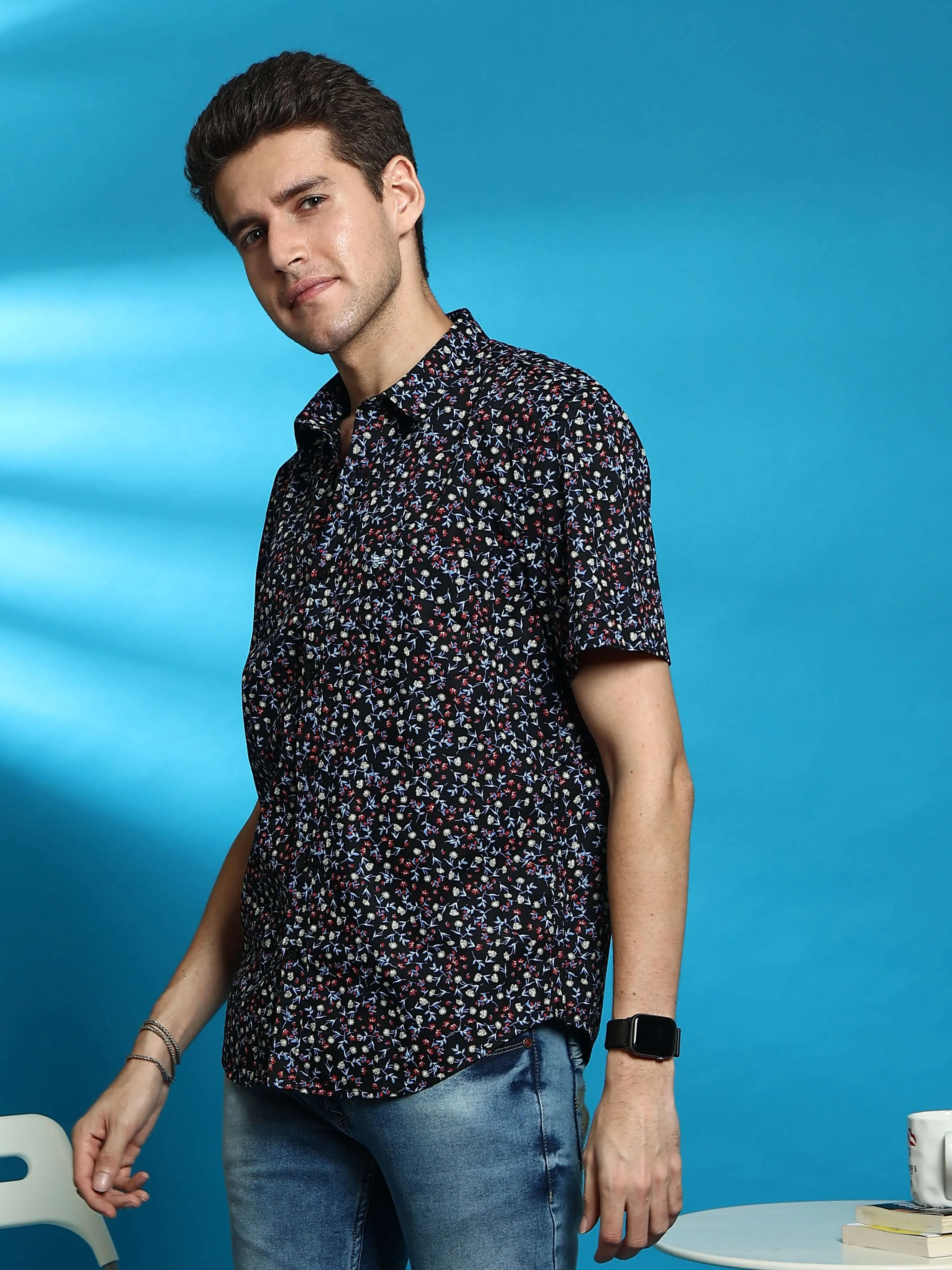 Navy casual floral AOP half sleeves shirt