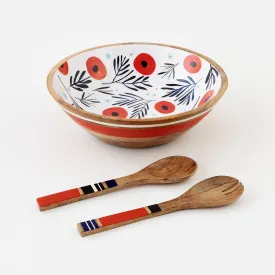 New! Red Poppies on White, Mango Wood Salad Bowl and Tongs