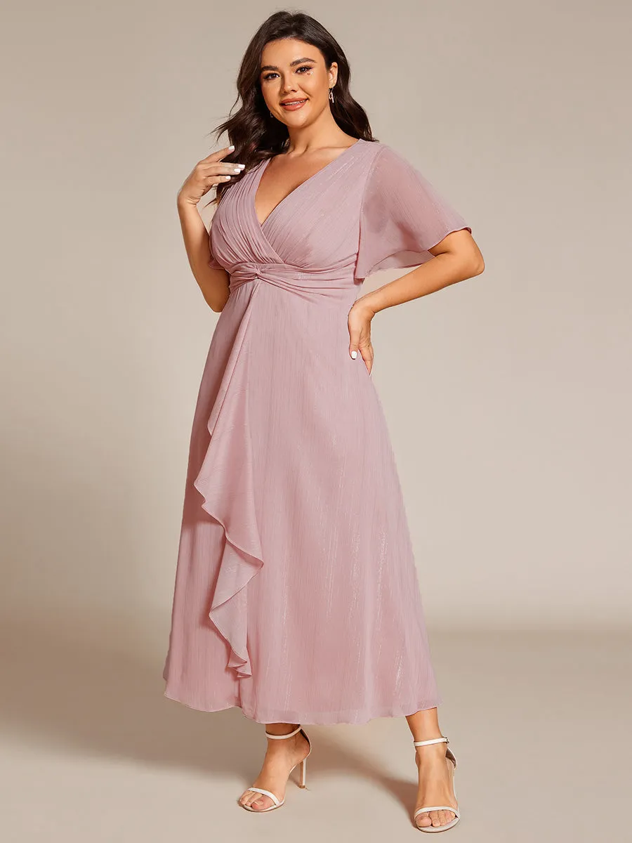 Plus Shimmer V Neck Tea Length Wedding Guest Dress With Short Sleeves