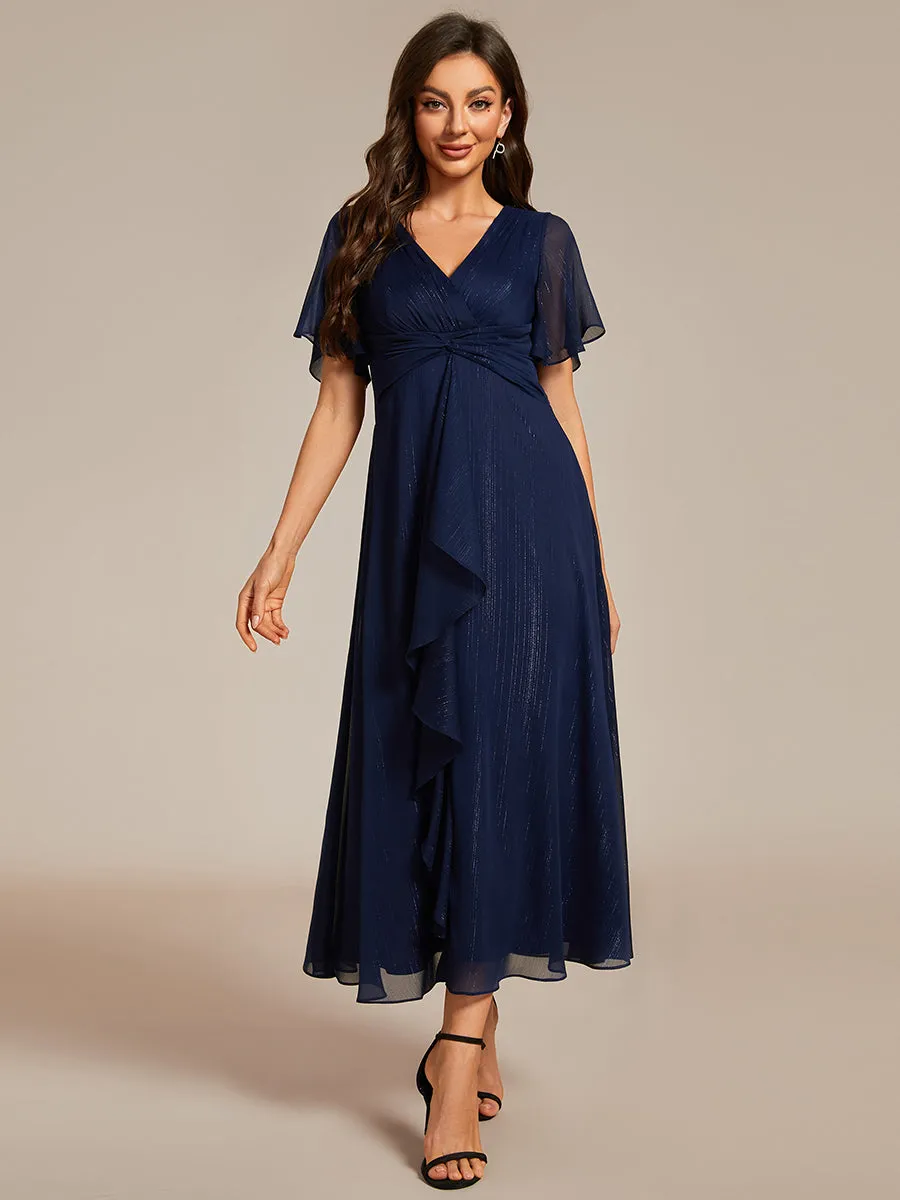 Plus Shimmer V Neck Tea Length Wedding Guest Dress With Short Sleeves