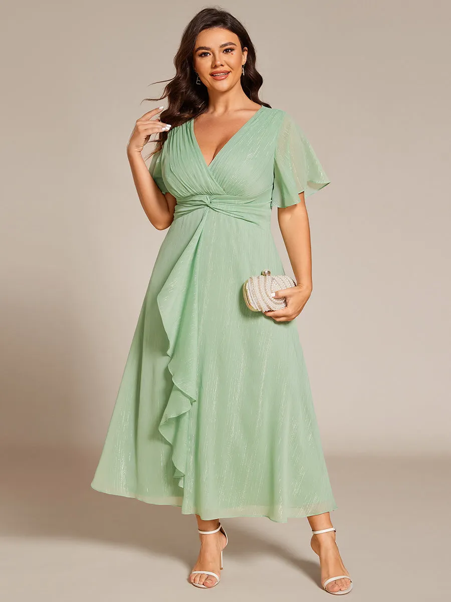 Plus Shimmer V Neck Tea Length Wedding Guest Dress With Short Sleeves