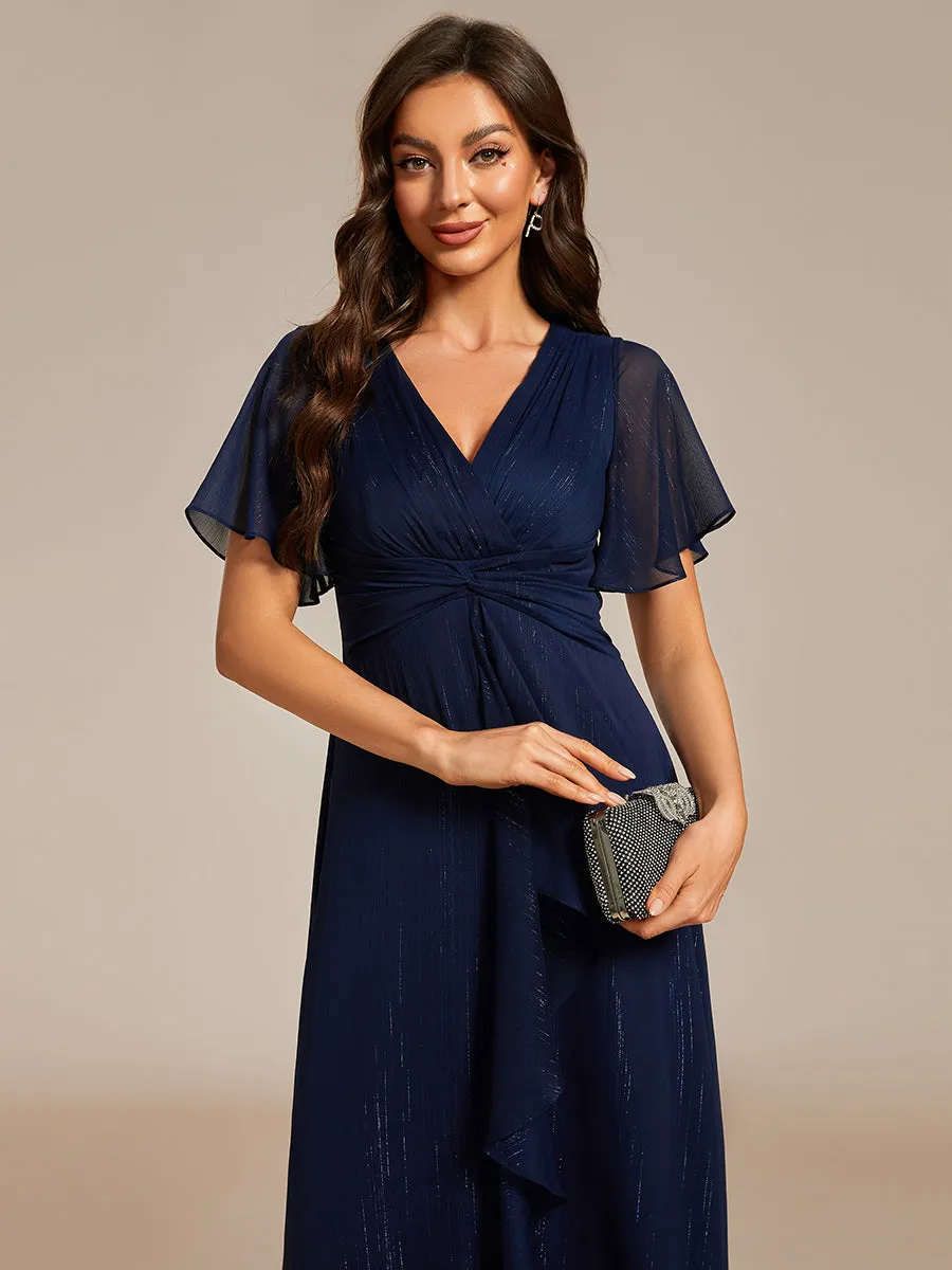 Plus Shimmer V Neck Tea Length Wedding Guest Dress With Short Sleeves