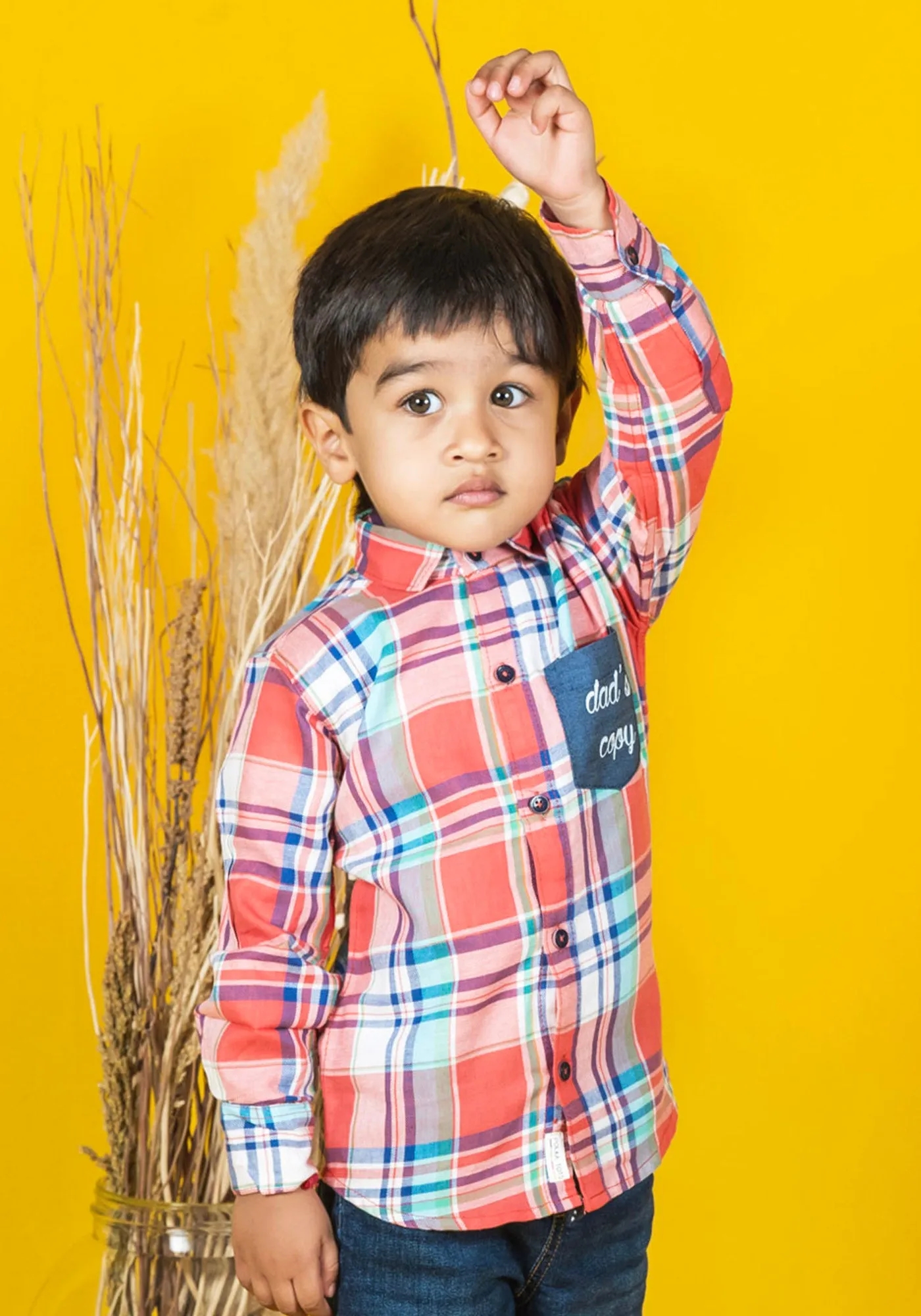 Polka Tots Full Sleeves Dads Copy print Checks Shirt - Coral