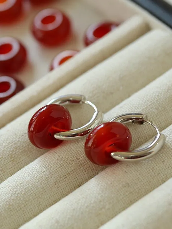 Simple Red Agate Stone Hoops Earrings