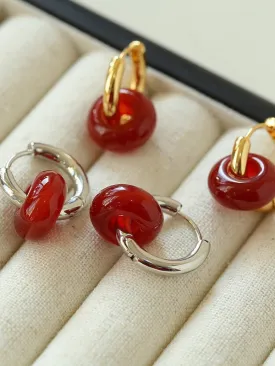 Simple Red Agate Stone Hoops Earrings