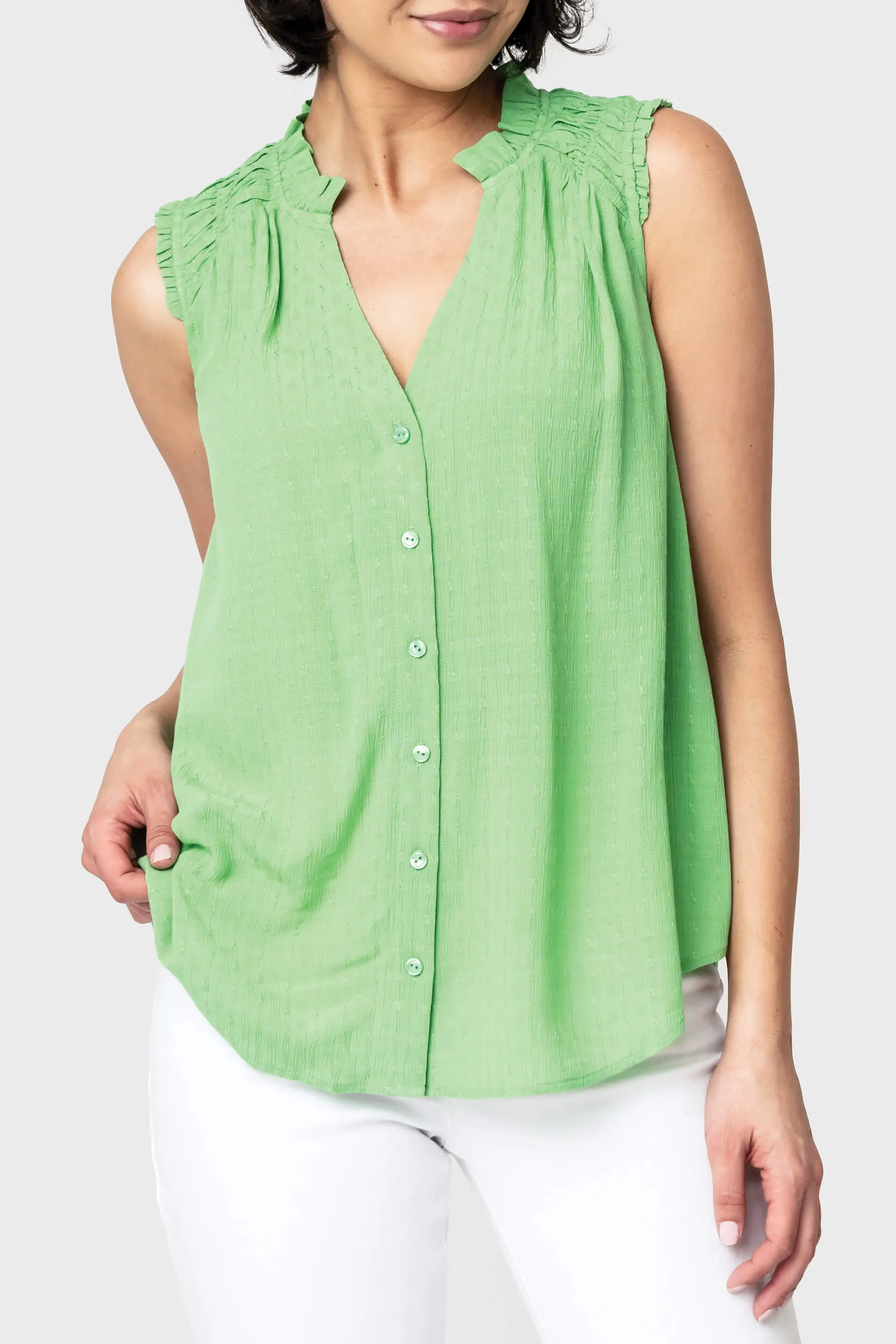 Sleeveless Smocked Yoke Blouse