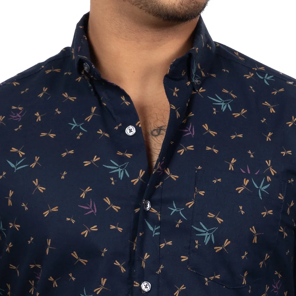 STEELE Long Sleeve Shirt in Navy Blue Traditional Japanese Dragonfly Print